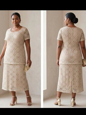 R&M Richards Champagne Lace Overlay Midi Dress SZ 18W